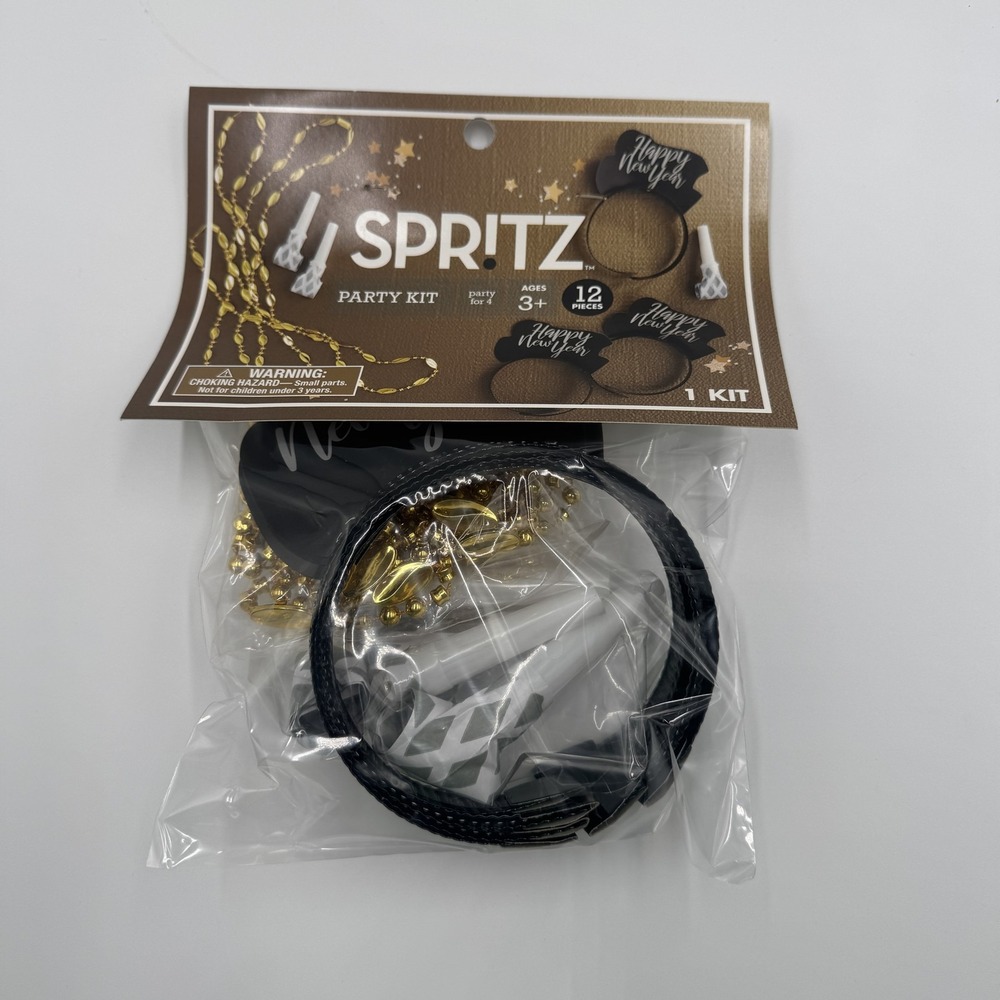 Spritz NYE Happy New Year Party Kit 12pc Black Gold Party for 4 Headbands New